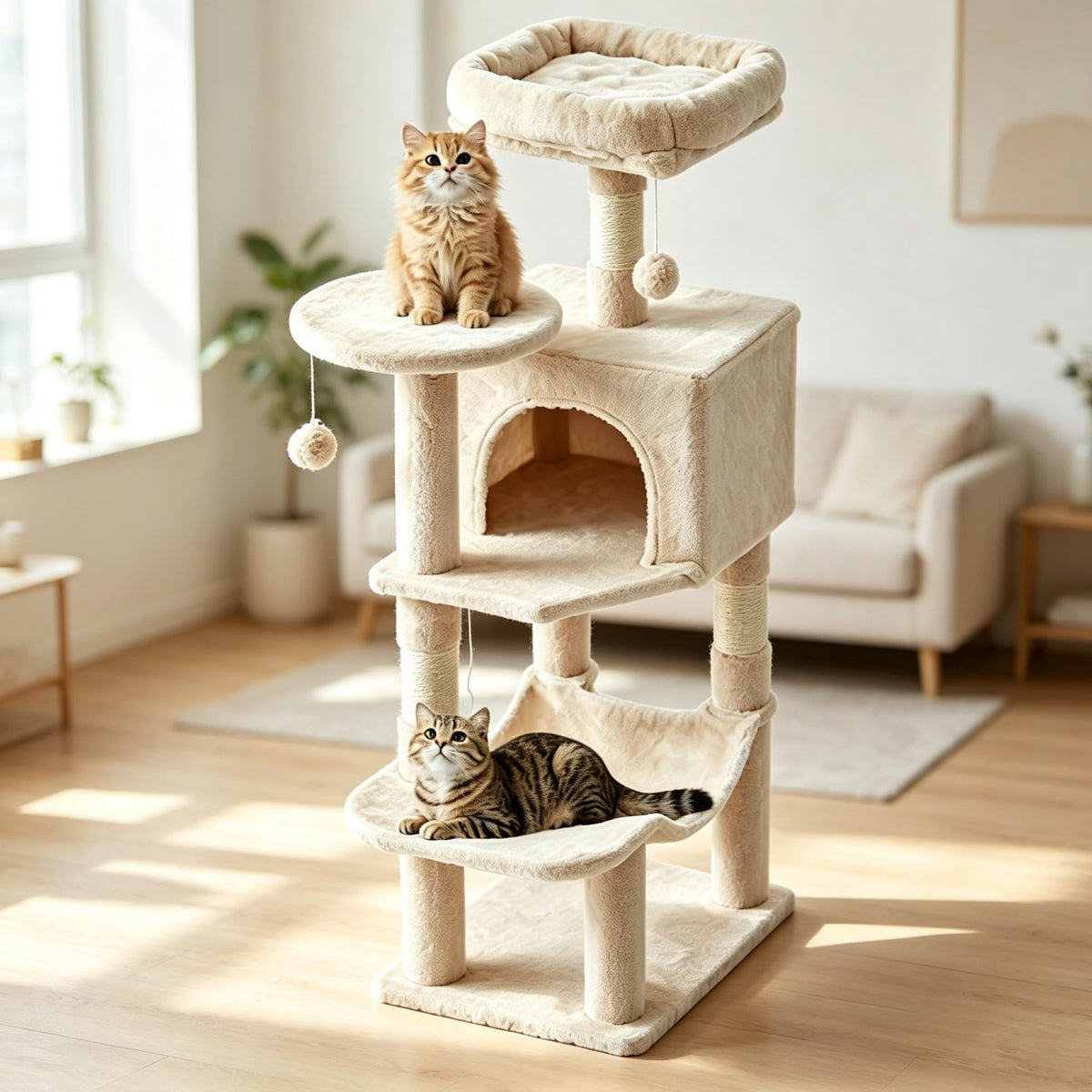 Small 44 in Cat Tree Tower with Natural Sisal Scratching Posts (Beige / 43.6Inch)