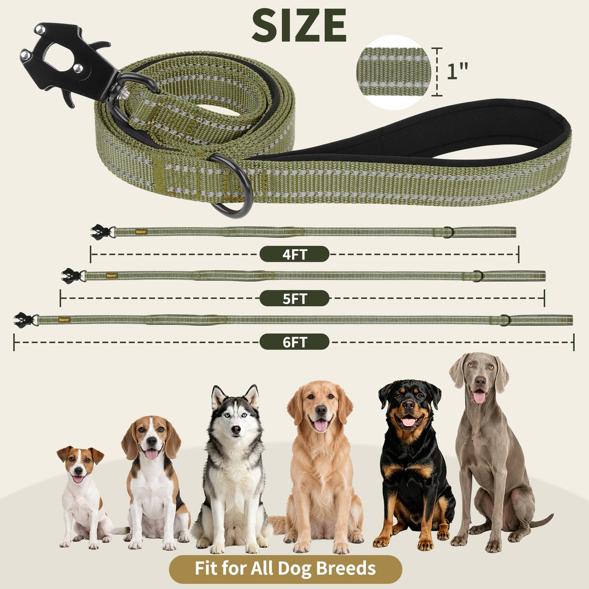 5FT Tactical Heavy Duty Dog Leash No Pull with 2 Padded Handles (Army Green / 5FT)