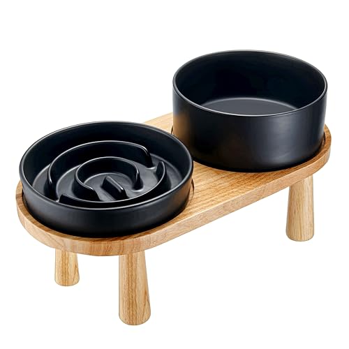 Ceramic Slow Feeder and Water Bowl Set for Medium and Large Dogs (Black / 8" D)