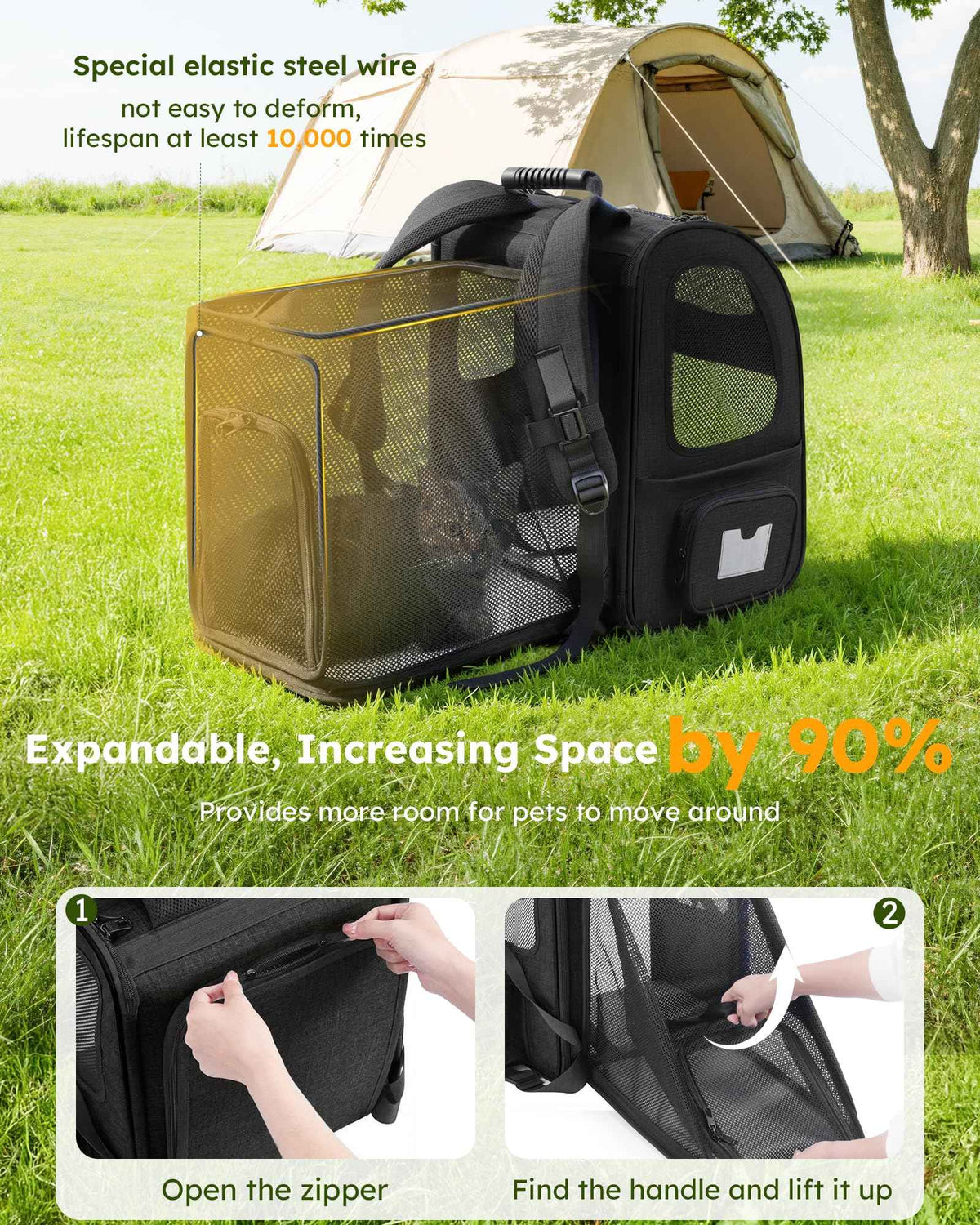Cat Backpack Expandable (Black / 12.6"L x 10.2"W x 16.5"H)
