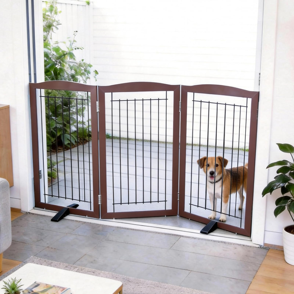 Freestanding Dog Fence Indoor (Brown / 【3 Panels】60''w x 32''h)