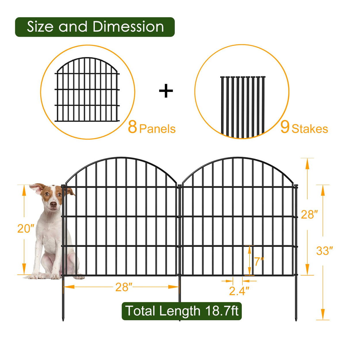 Metal Garden Fence 28 in x 18.7 ft (28″Hx18.7ft (8 panels))