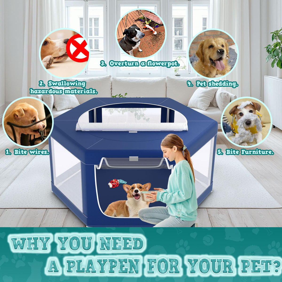 45x45 Inches Hexagonal Type Puppy Playpen (Blue / 45x45 IN Hexagonal)