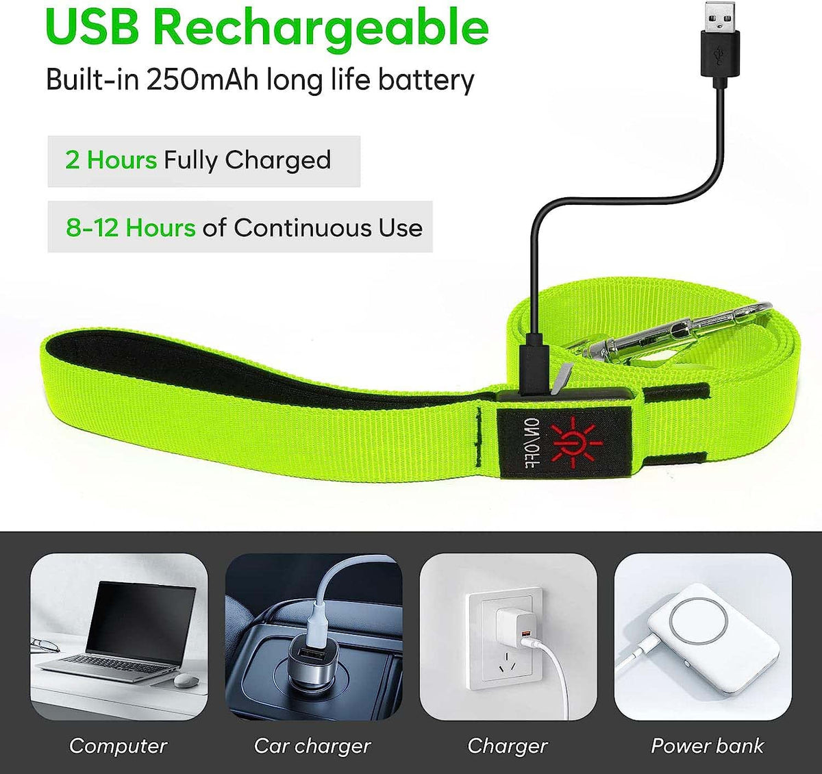 LED Light Up Dog Leash 3 Lighting Modes USB Rechargeable (Green-KX)