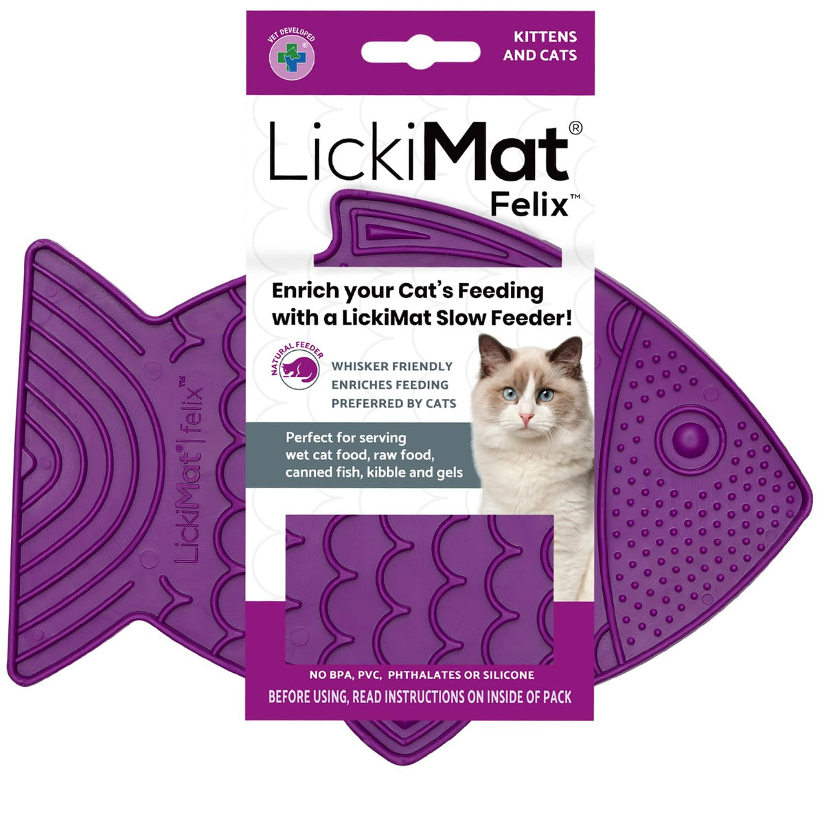 Felix, Fish-Shaped Cat Slow Feeders Lick Mat, Boredom Reducer; Perfect for Food, Treats, Yogurt, or Peanut Butter. Fun Alternative to a Slow Feed Cat Bowl or Dish, Purple (Purple)