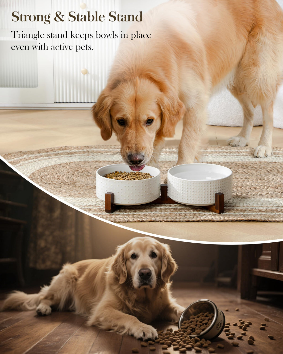 Dog Bowl Set Ceramic Bowls with Walnut Wood Stand (Rhombic+Polka Dots / 6 Cups)