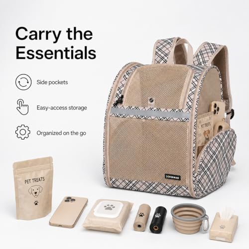 Cat Backpack Carrier for Small Dogs and Medium cat Puppy Kitten Bunny Pet Carrier Backpack Collapsible with Fully Ventilated Mesh with Safety Leash (Khaki / 12.9"L x 10.62"W x 15.5"H)