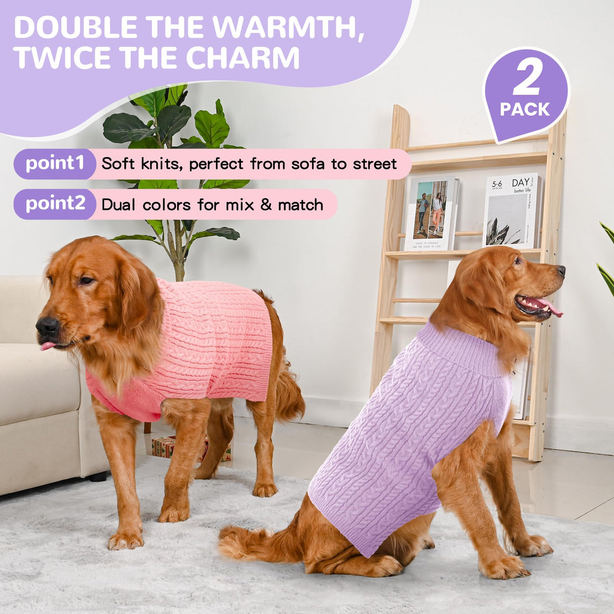 Dog Sweater 2 Pack for Large Dogs (Pink & Purple / XXX-Large)