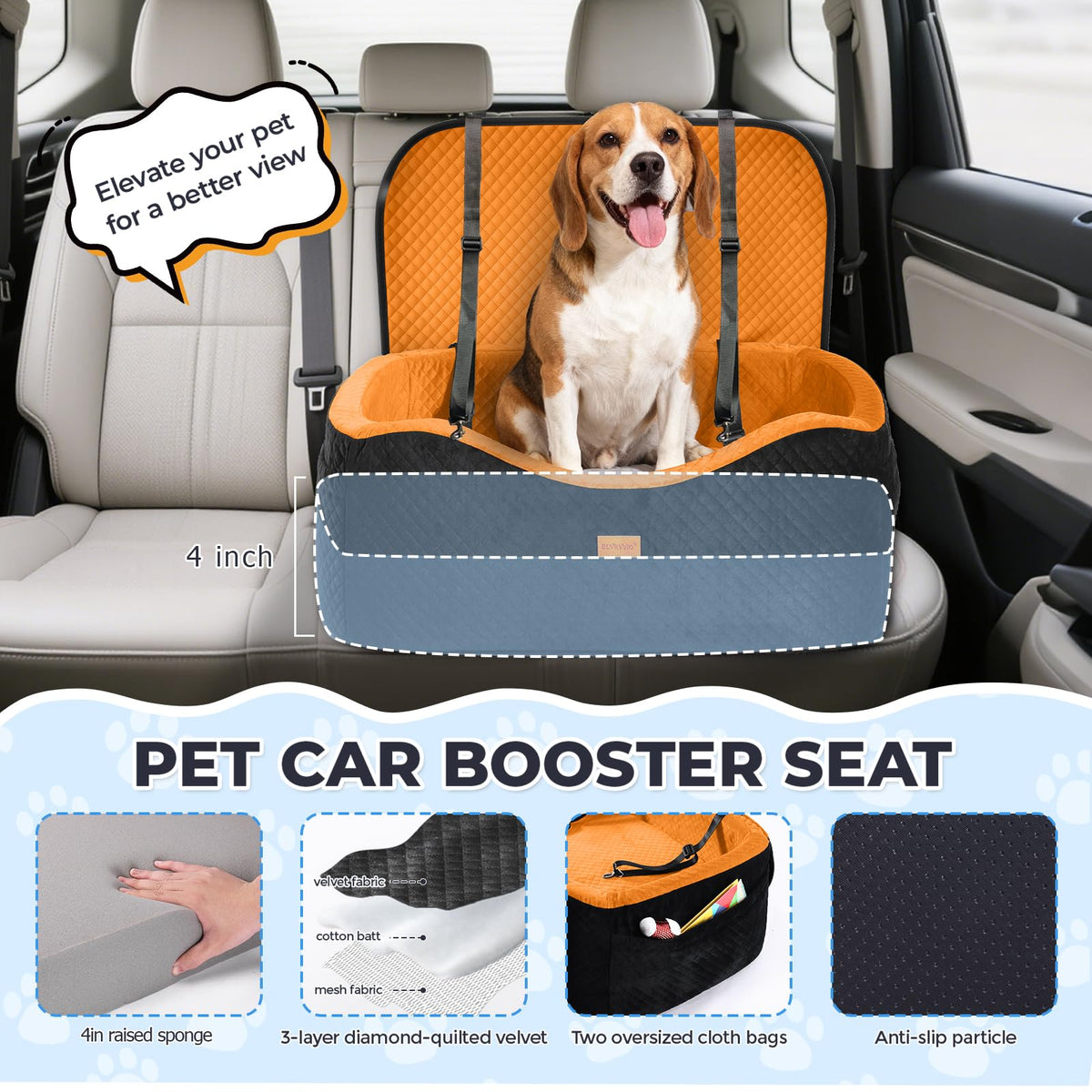 Large Dog Car Seat for Medium Sized Dogs Under 55lbs or 2 Smalls (Bright Orange / Large)
