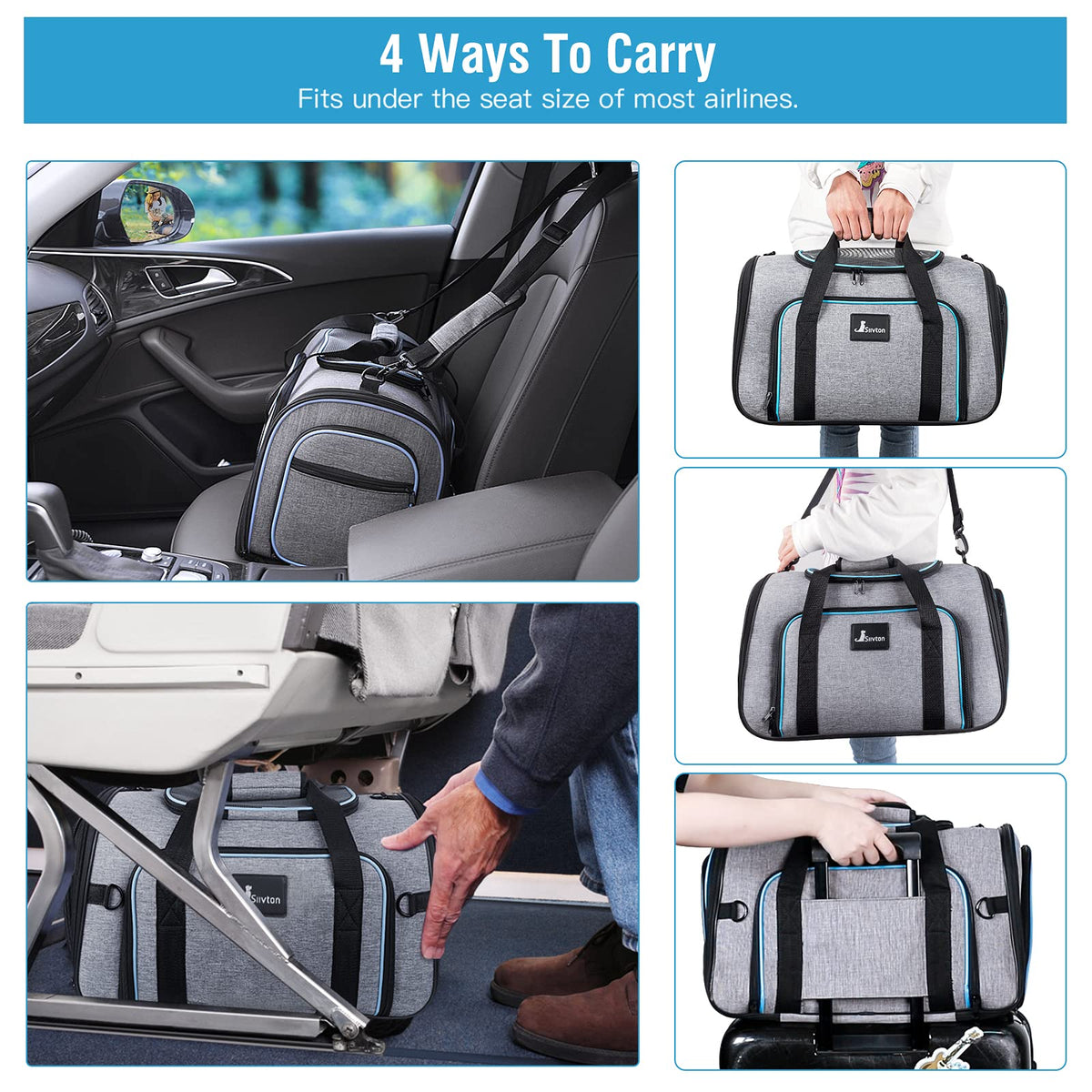 Pet Carrier Airline Approved (20.0"L x 11.4"W x 12.4"H / 4 Extension Gray_Blue)