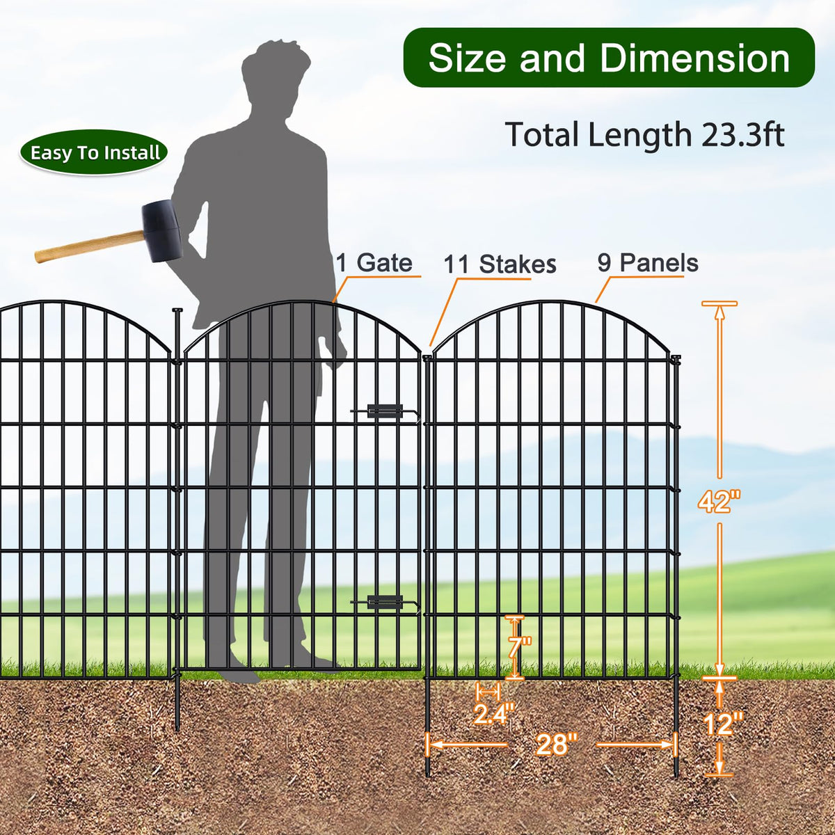 Metal Garden Fence with Gate 42 in x 23.3 ft (42"Hx23.3ft (Gate+9Panels))