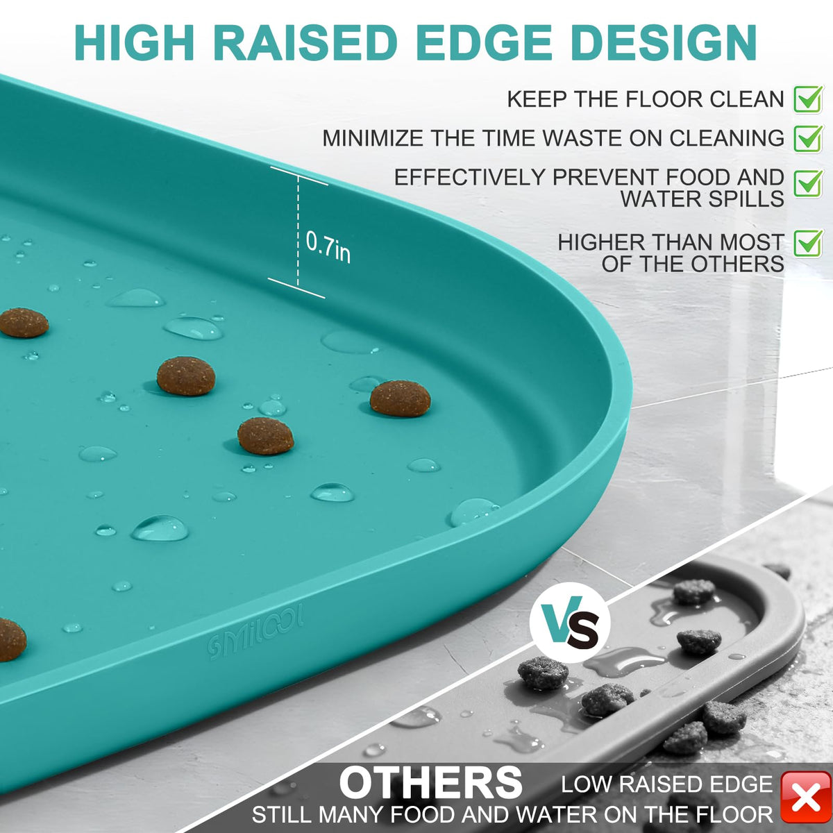 Waterproof Silicone Pet Food Mat with Raised Edge for Dog & Cat (Dark Turquoise / 12"L x 12"W)