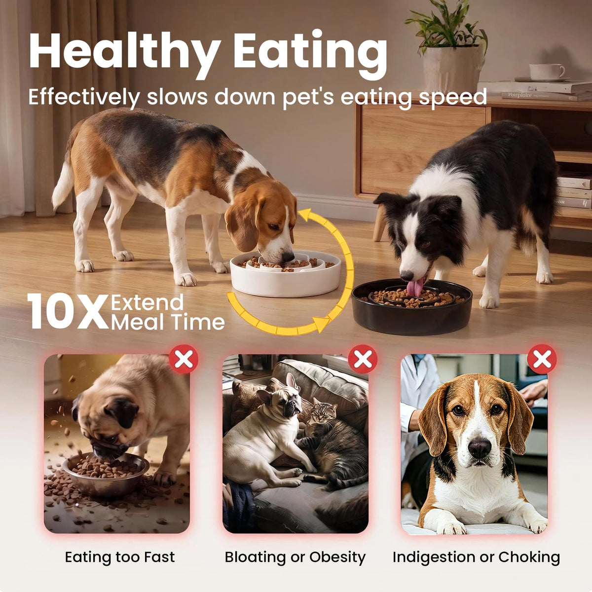 2 Pack Ceramic Slow Feeder Dog Bowls 1.6 Cups for Medium & Small Fast Eater (White + Black / 2 Pack M - 1.6 Cups)