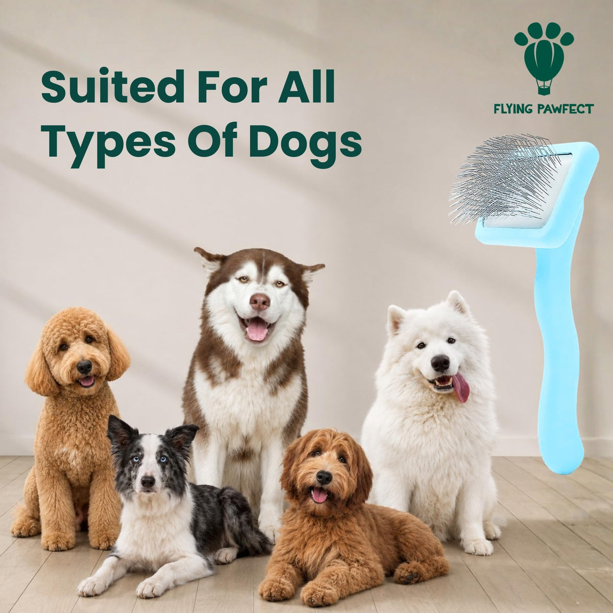 Pet Slicker Brush With Soft Massage Grooming Stainless Steel Pins (Baby Blue / Flat Medium)