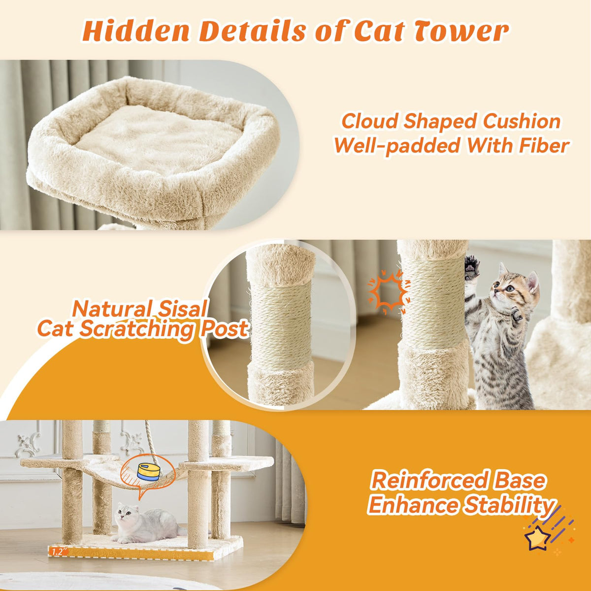 66 Inch Large Cat Tree Tower with Scratching Posts (Beige / 66.9"×18.9"×18.9")