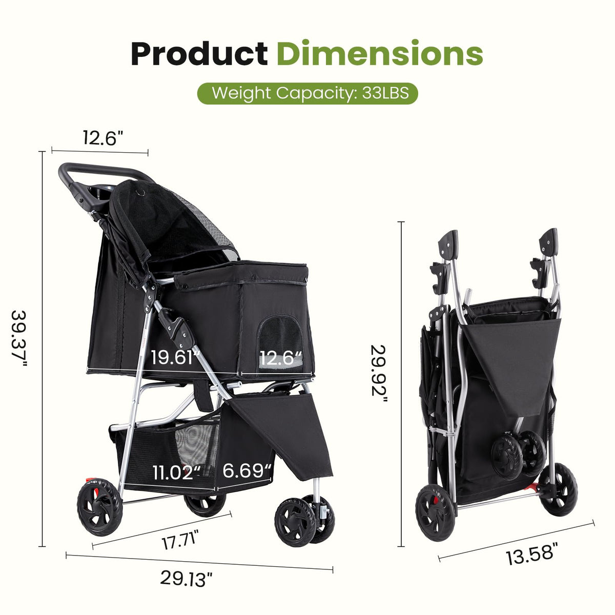 3 Wheel Dogs Stroller for Small to Medium Pets (Black / 29.1" x 17.7" x 39.4")