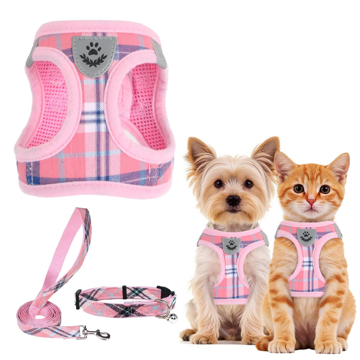 Dog Harness Collar and Leash Set No Pull for Small Medium Sized (Pink / XS (CHEST 13"-14.5"))