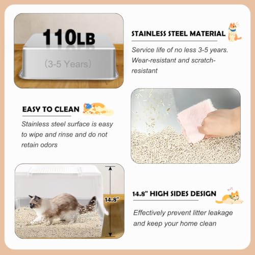XL Enclosed Stainless Steel Cat Litter Box with Lid (White)