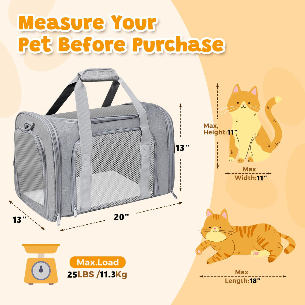 Large Cat Carrier Soft Up to 28 Lbs (20.0"L x 13.0"W x 13.0"H / Grey)