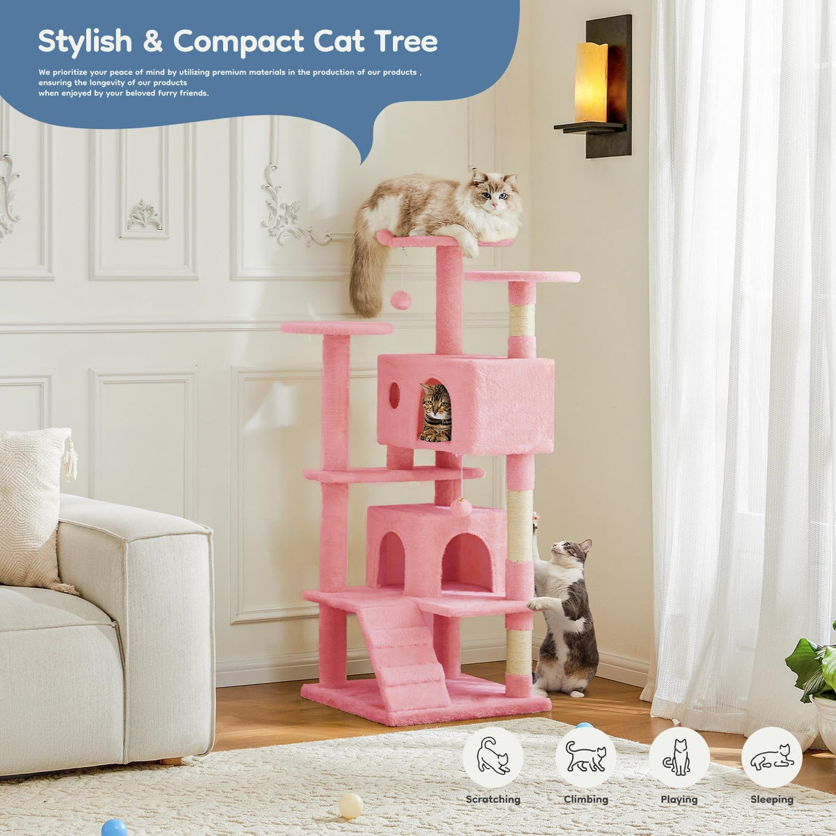 54 inch Cat Tree Tower with Scratching Posts (Pink / 54 Inch)