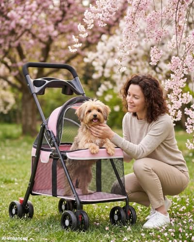 Foldable Pet Stroller for Small Dogs and Cats (★Pink【Full Mesh】)