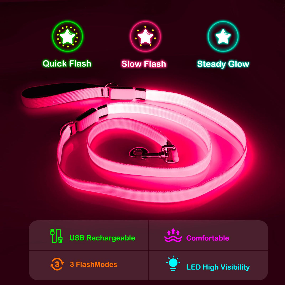 LED Light Up Dog Leash (Pink / 6 Ft)