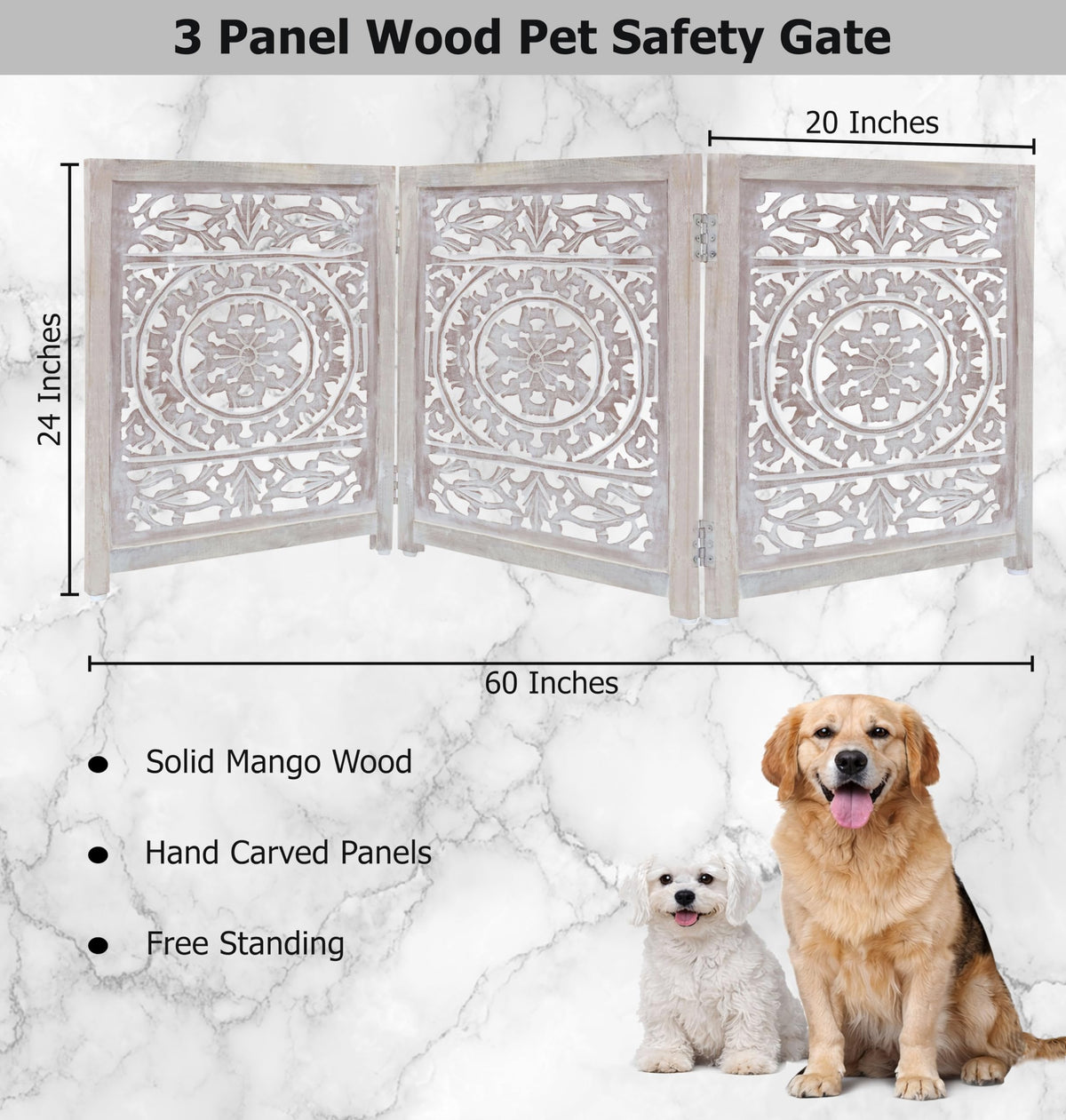 Wooden Foldable Pet Dog Gate (White Wash / 3 Panel)