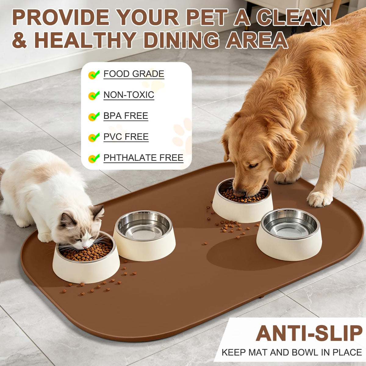 Waterproof Silicone Pet Food Mat with Raised Edge for Dog & Cat (Brown / 36"L x 24"W)