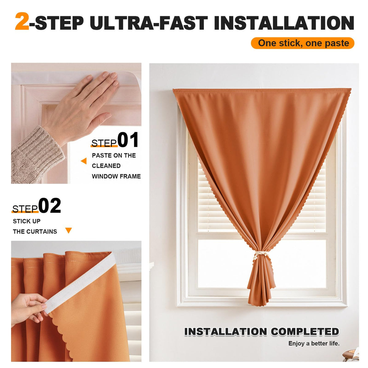 Magic Tape Stick on Curtains (47"W x 79"L (Pack of 1) / Orange)