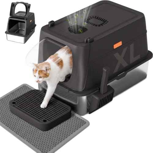 XL Stainless Steel Cat Litter Box with Lid (Black / 24" L × 16" W × 16" H)