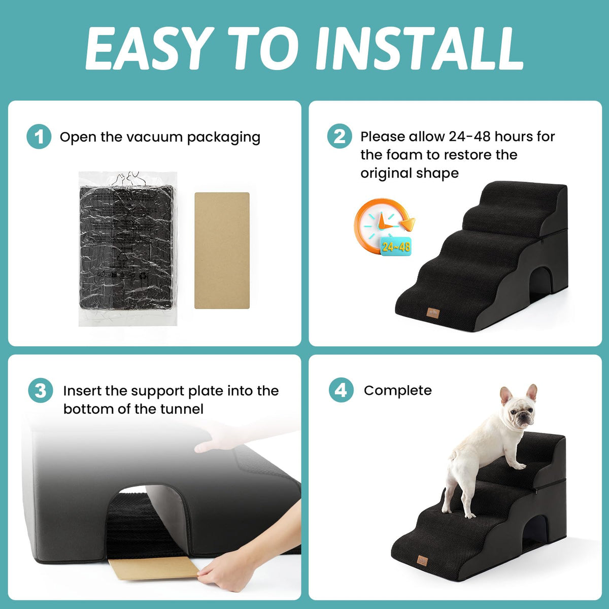 Extra Wide Small Dog Stairs with Tunnel (Black / Detachable 19.7" x 33" x 22.4")