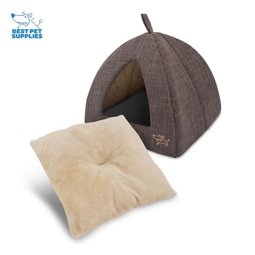 Cat Bed for Indoor Cat (Brown Linen / 16" x 16" x H:14")