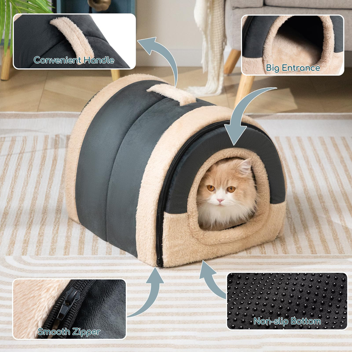 Cat Bed Cave for Indoor Cats for Pets up to 20 lbs (Dark Gray Arched Cave)