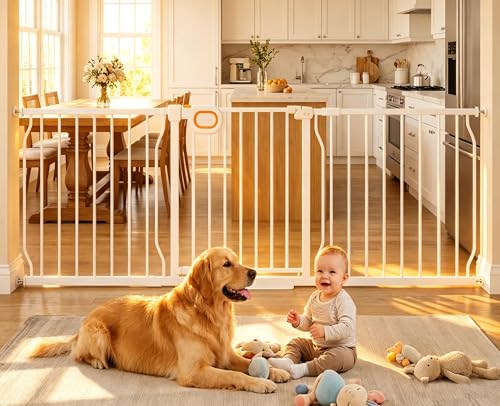 62.2 66.9 Inch Extra Wide Baby Gate with Door for Stairs Doorways (White / 62.2-66.9inch)