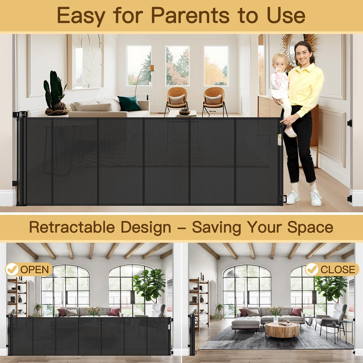 Reinforced 200 Inch Extra Wide Retractable Baby Gates to Prevent Crawling Through (Black / 37" Tall x 200" Wide（ With Reinforced Bar ）)