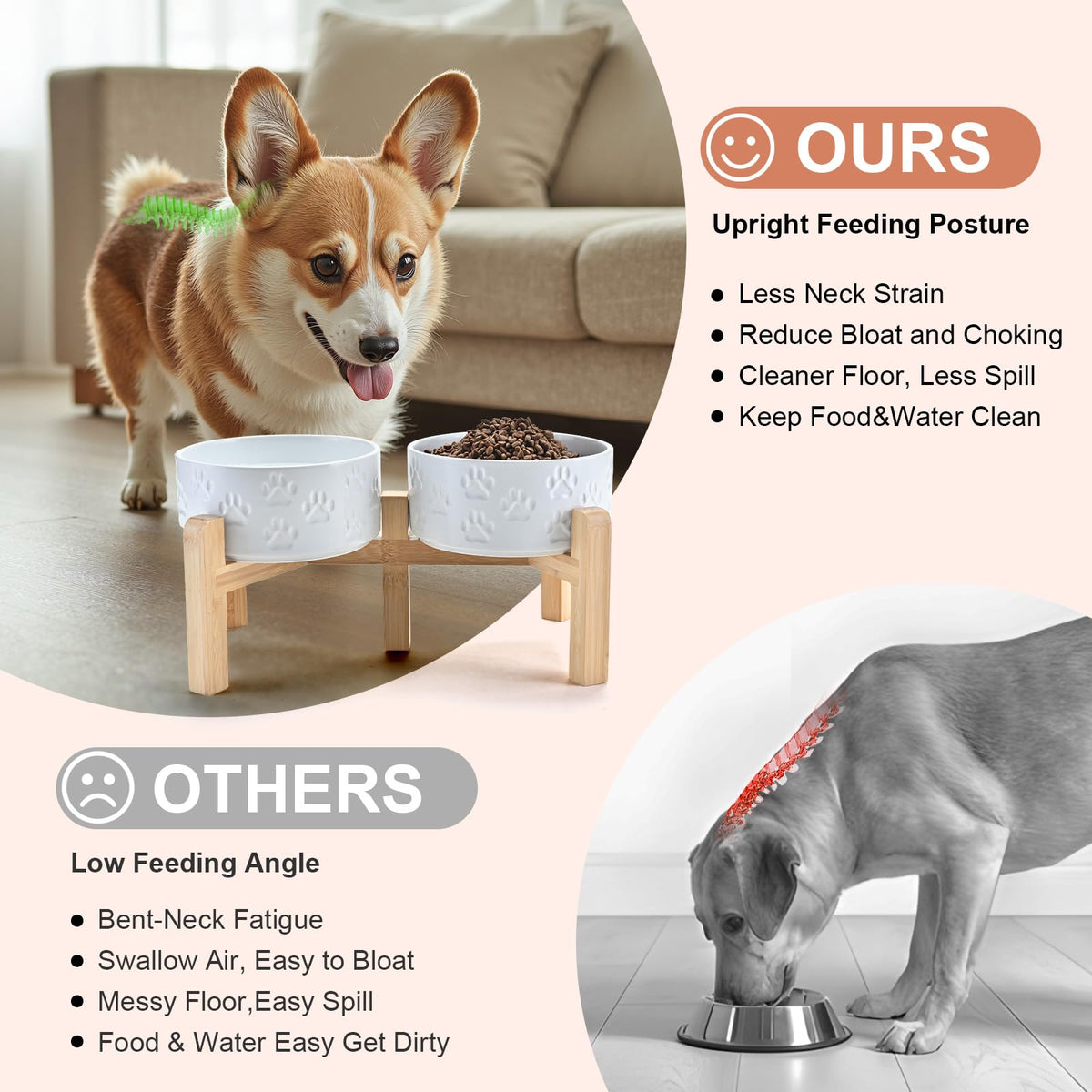 Elevated Dog Bowls Ceramic (6.1 in - 3.6 cups / Paw White)
