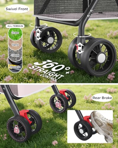 Foldable Pet Stroller for Small Dogs and Cats (★Pink【Full Mesh】)