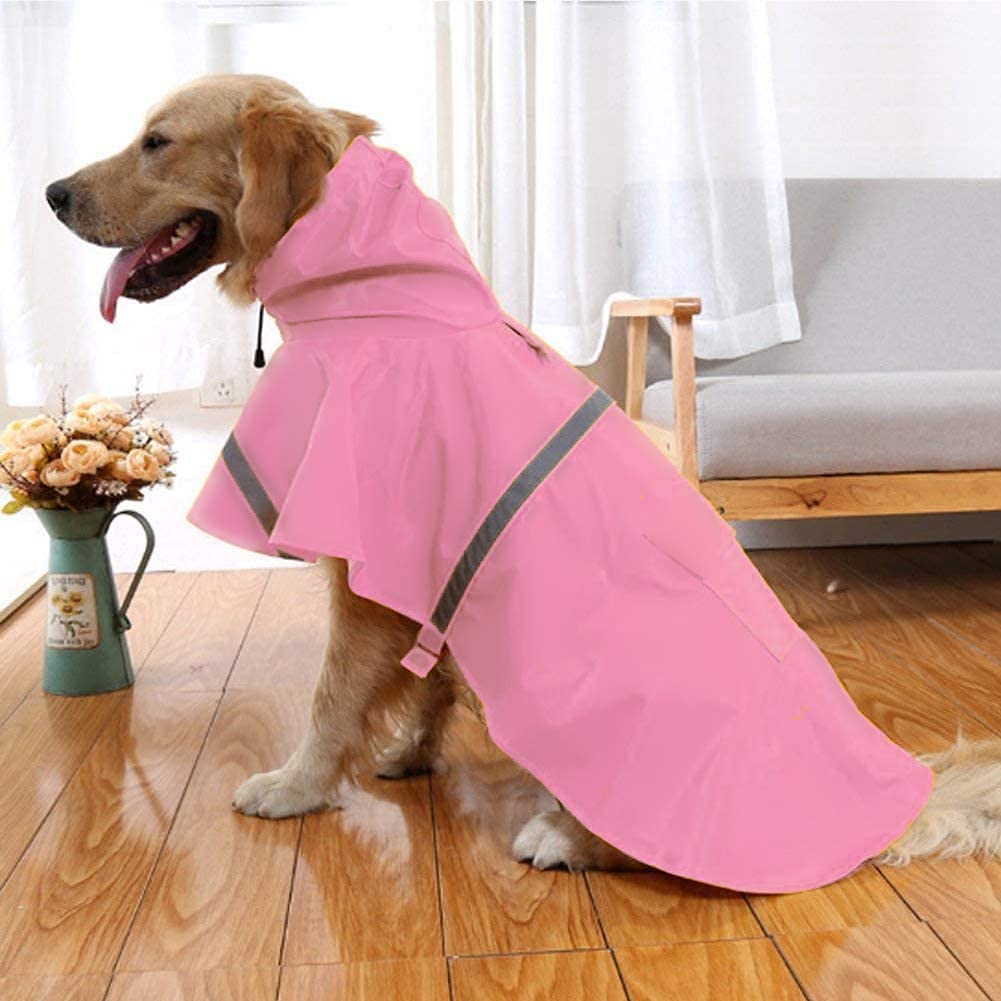 Large Dog Raincoat Adjustable Pet Waterproof Clothes Lightweight Rain Jacket Poncho Hoodies with Strip Reflective (Pink / L)