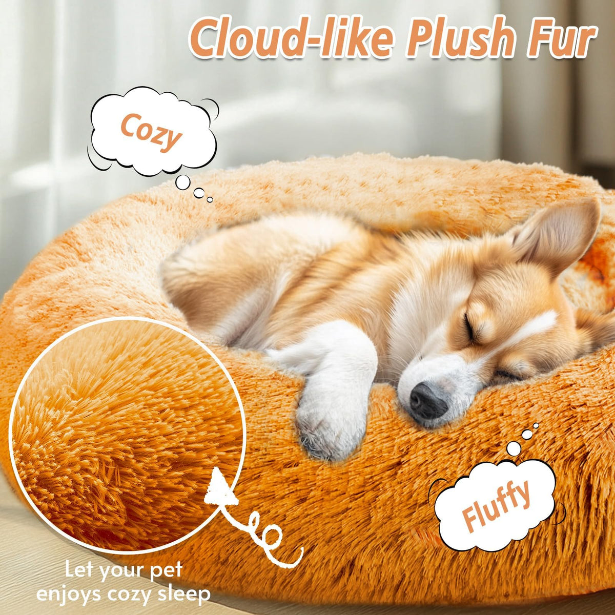 Calming Dog Bed for Small Dogs (Orange / 23.0"L x 23.0"W x 8.0"Th)