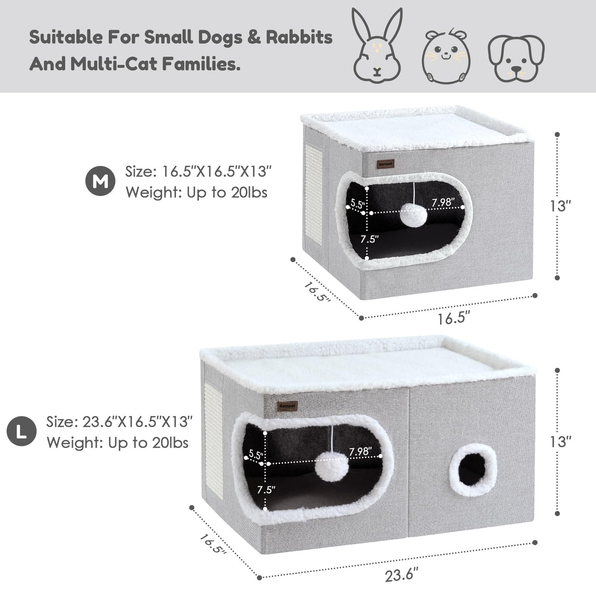 Cat Bed for Indoor Cats Cube House (23.6"D x 16.5"W x 13"H / Dark Grey)