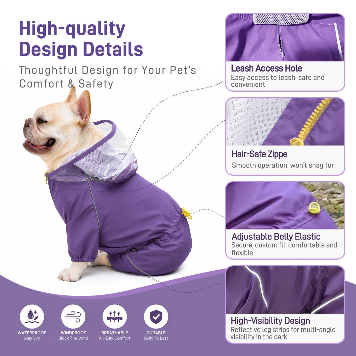 Dog Raincoat Rain Jacket with Clear Hood and Broad Chest Fit (Purple / Medium)