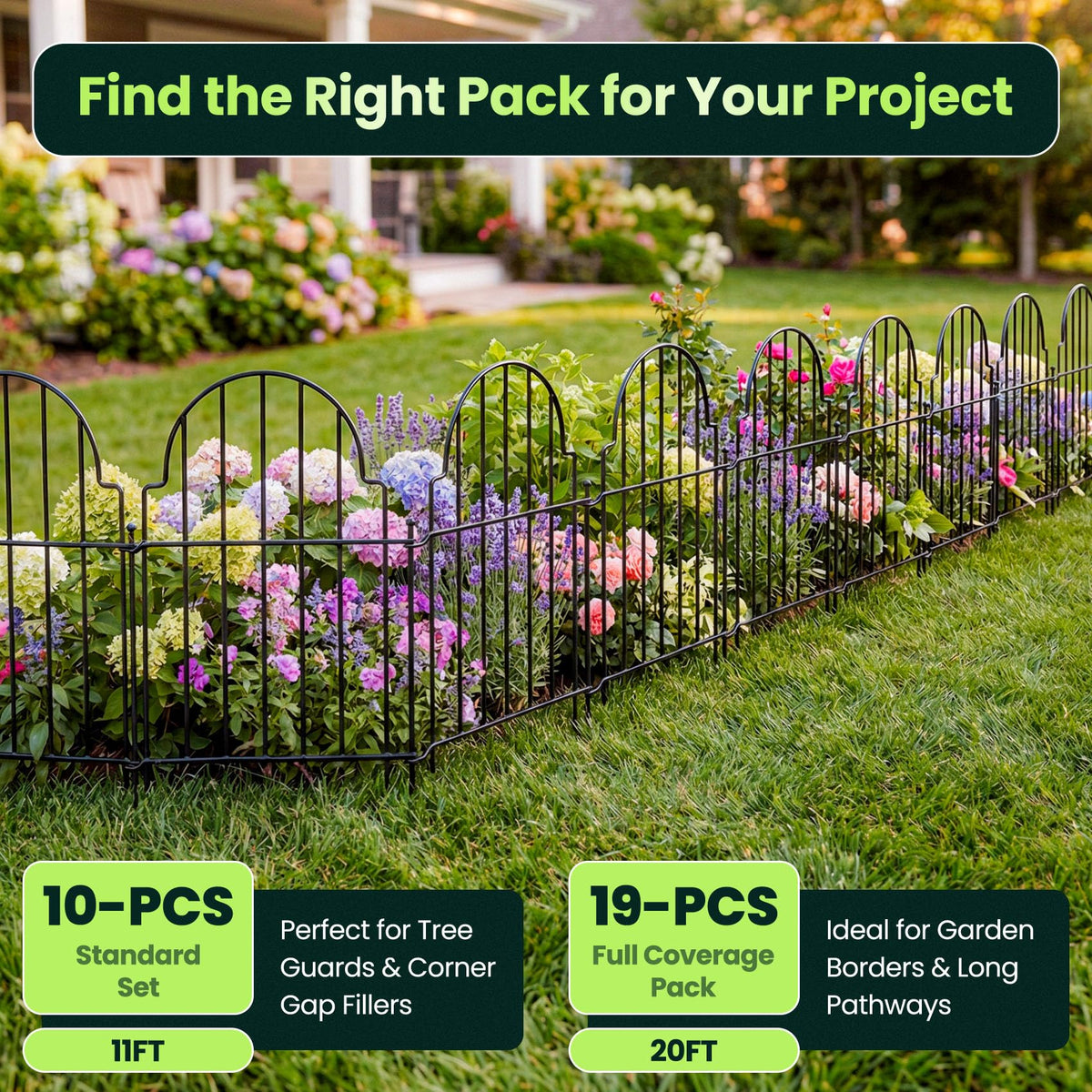 Decorative Garden Fence Panels 10 Pack (Black / 10 Pack - 16in (H) x 11ft (L))