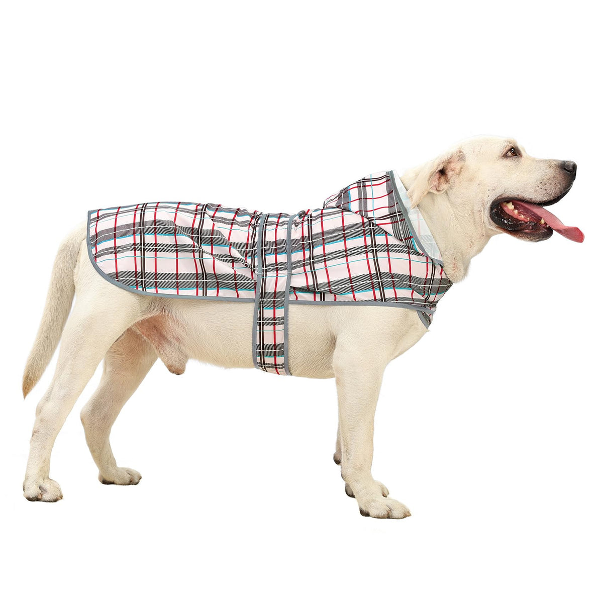 Dog Raincoat for Large Dogs Waterproof Jacket Hooded Rain Coats with Reflective Strips Leash Hole & Poncho Adjustable Fit (Khaki Plaid / XX-Large)