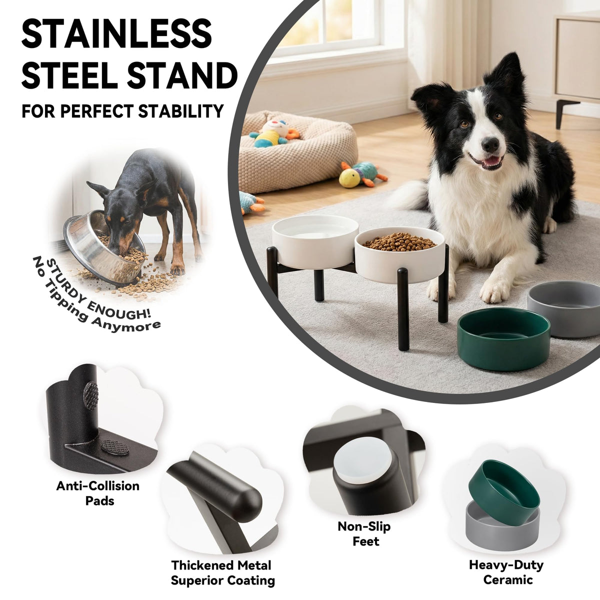 Raised Ceramic Dog Bowl Set with Stand (Dark Gray / 2 Bowls - 7.5 Cups Each)