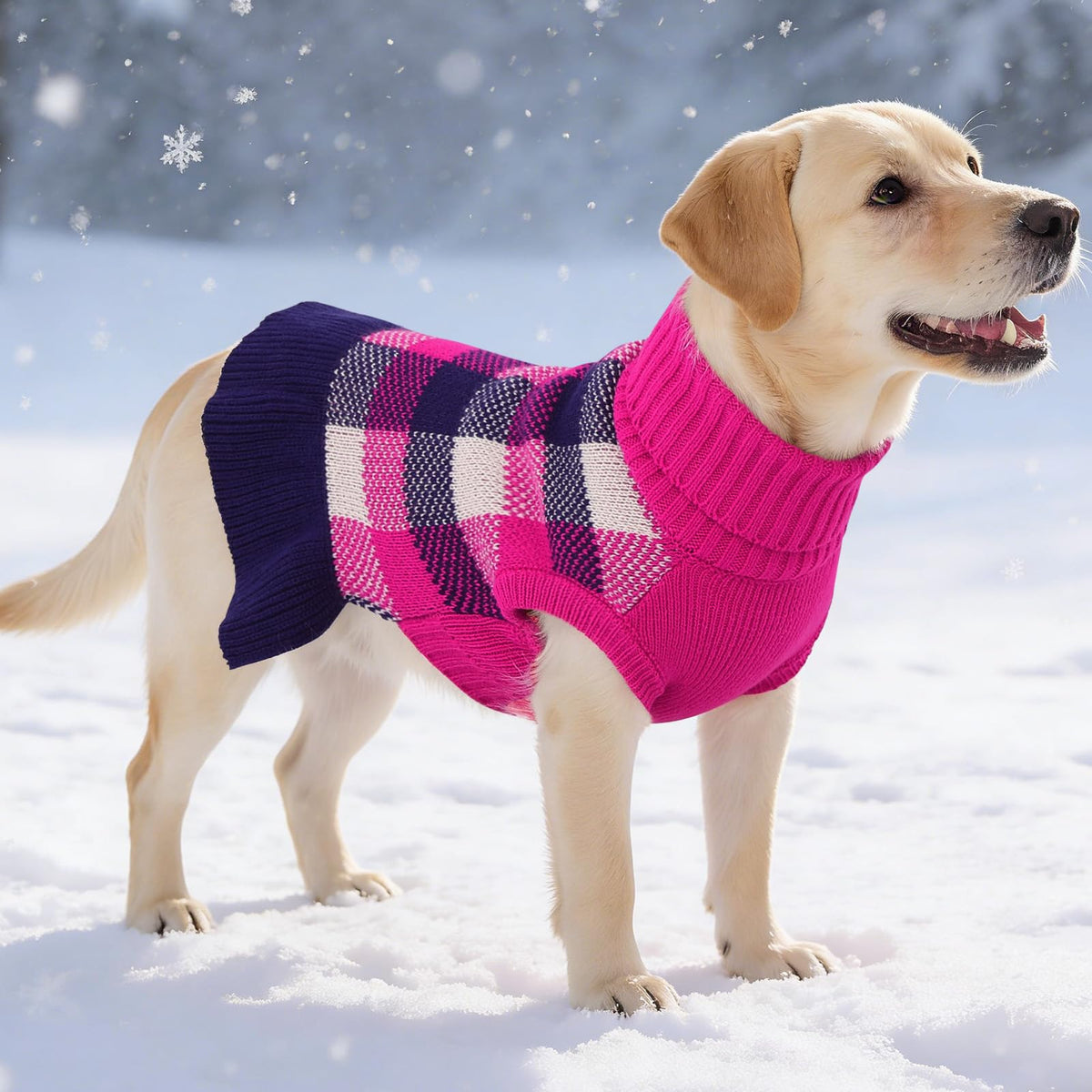 Dog Sweater Dress Plaid Knitwear for Medium Dogs Girl Christmas Clothes (Navy / Medium)