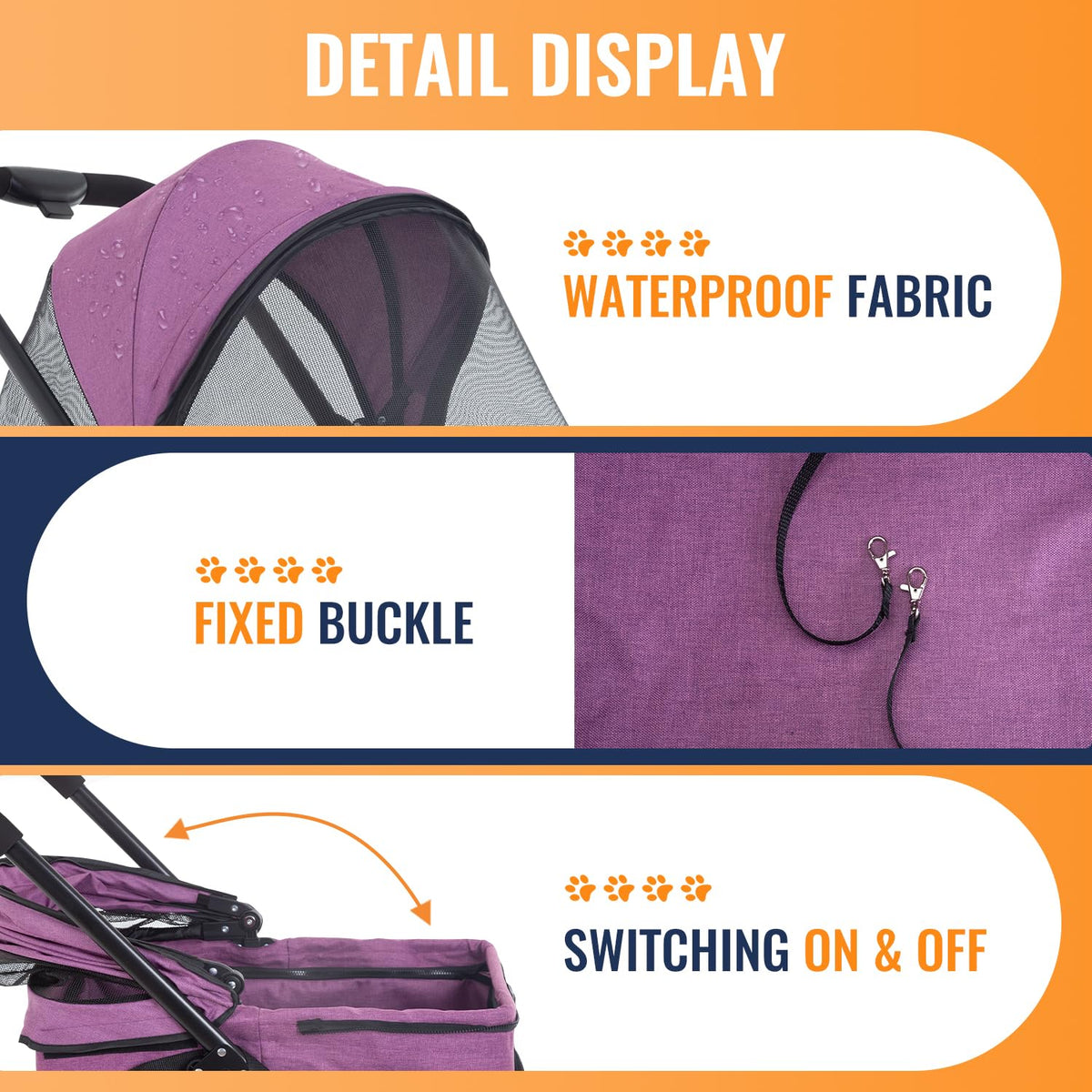 3 in 1 Multi Function Dog Stroller Jogger with Detachable Carrier (Purple / 4 Wheels)