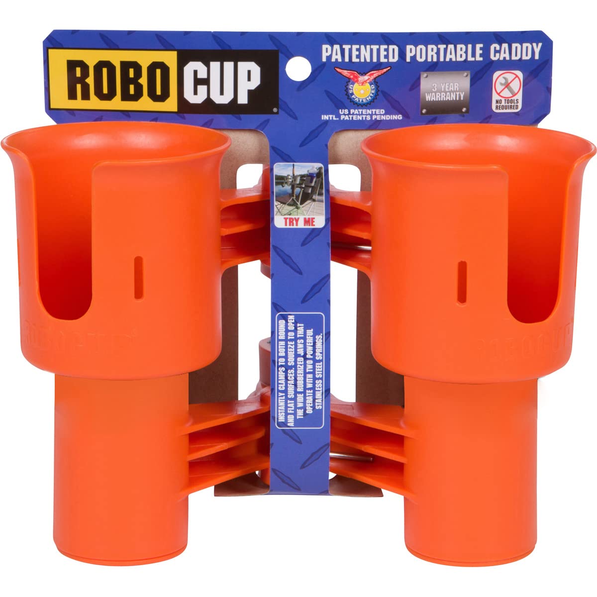 Orange), Patented Clamp On Boat Cup Holder |Multifunction Dual Drink Caddy for Fishing Poles, Tools, Net, Gaff |Portable Storage for Boating, Beach, Umbrellas, Golf Carts, Strollers (Orange / Standard Spring)