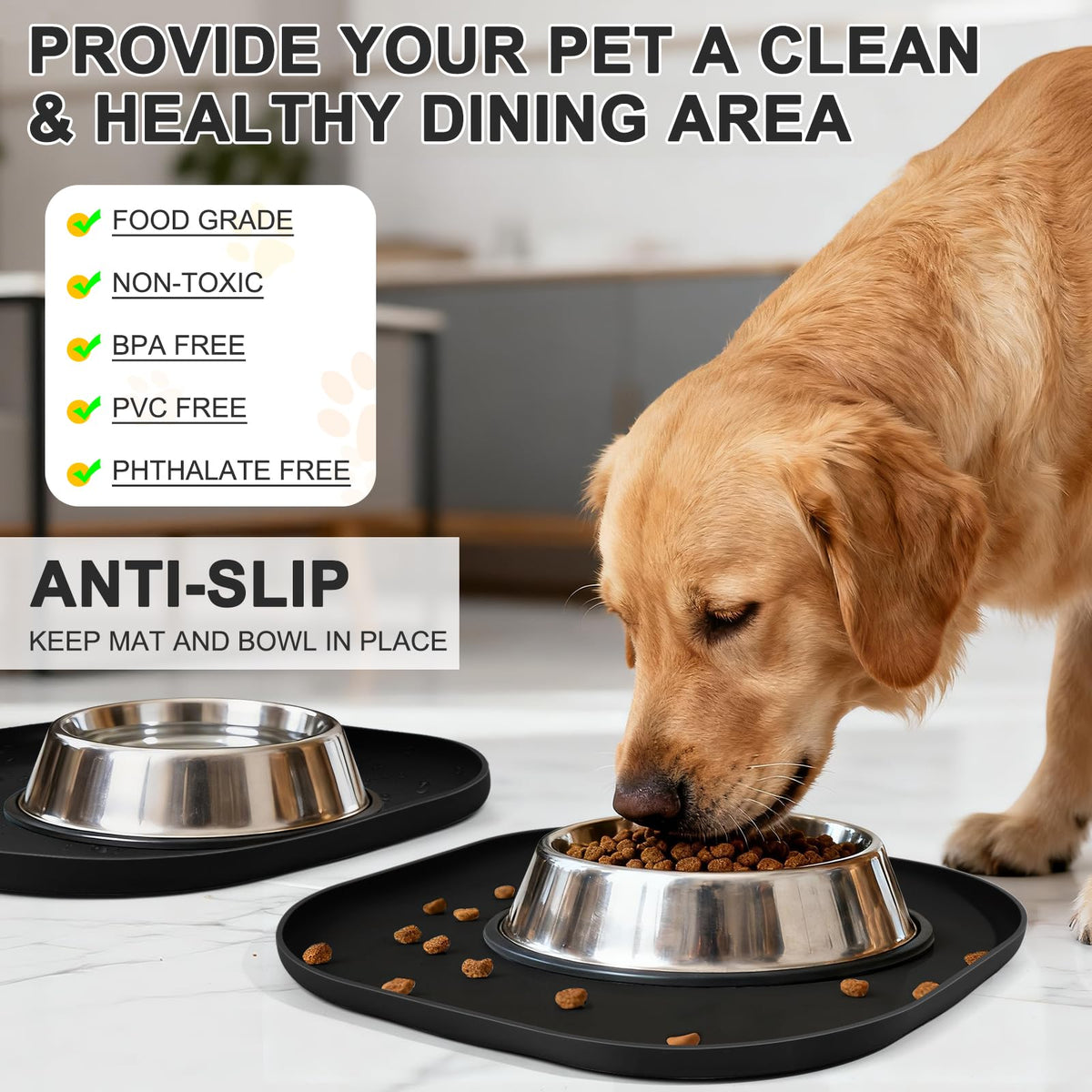 Waterproof Silicone Pet Food Mat with Raised Edge for Dog & Cat (12"L x 12"W / Black)