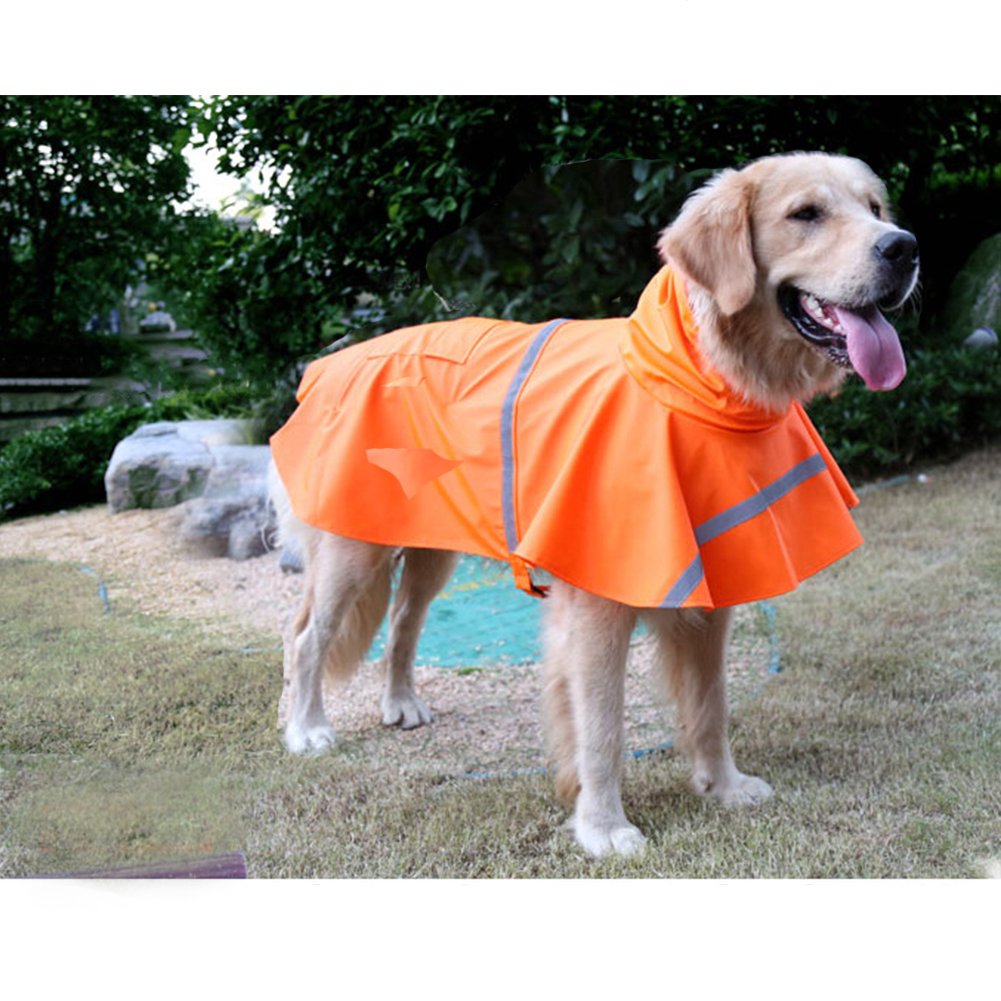 Large Dog Raincoat Adjustable Pet Water Proof Clothes Lightweight Rain Jacket Poncho Hoodies with Strip Reflective (Orange / Medium (Pack of 1))