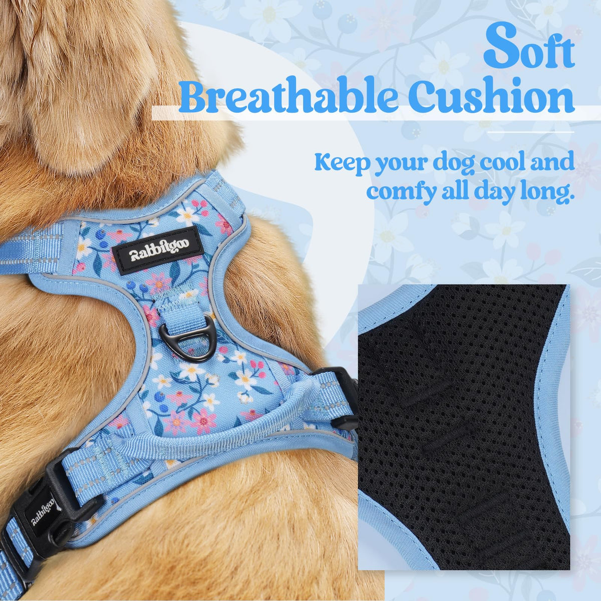 Dog Harness No Pull for Large Dogs with 2 Leash Clips (X-Large / Blue Floral)